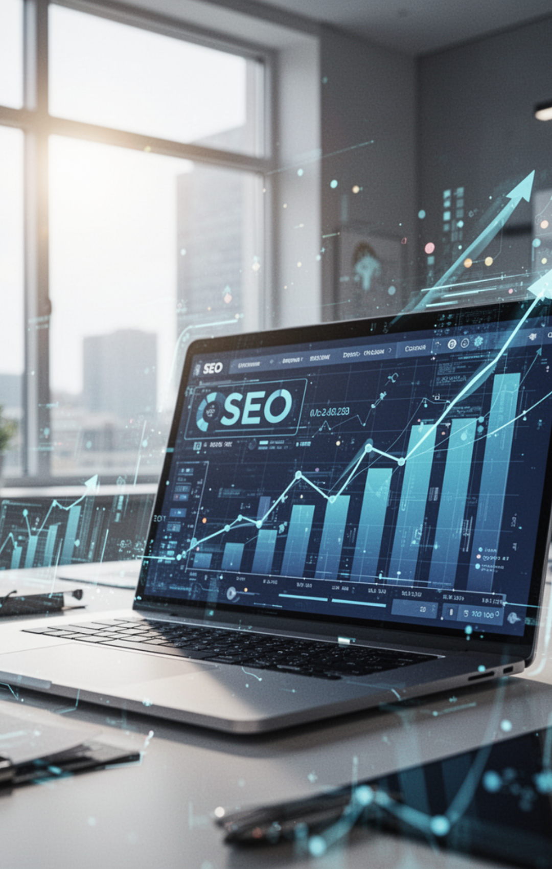 Home | Rise & Forge Marketing Laptop that says "SEO" and displays a combo bar and line graph