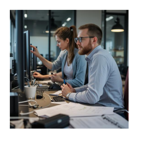 A man in a blue shirt and glasses leans on a table with paperwork while examining a computer screen