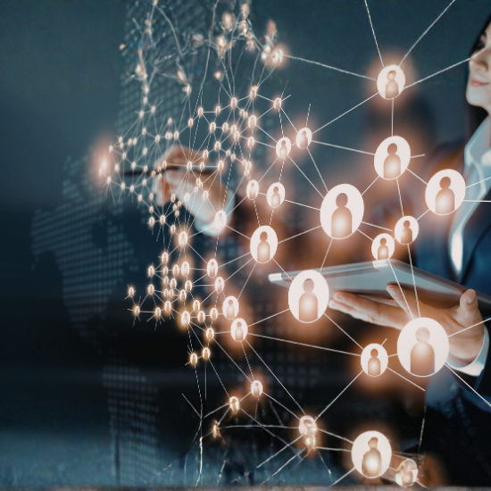 Person with ipad and stylus connecting to customer icons that are lit up