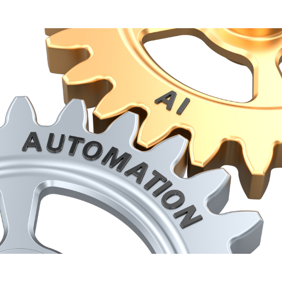 A golden gear that says "AI" and a silver gear labeled "Automation" meet and turn together