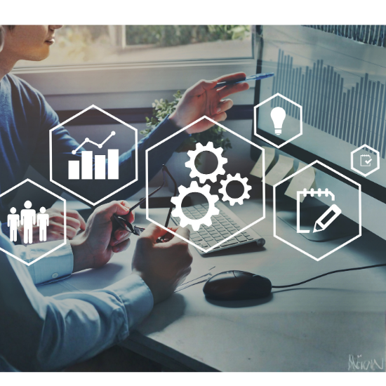 Floating icons of people, bar and line graphs, gears, idea lighbulb icon, and notepad icon. Two people stare at a computer while discussing data.