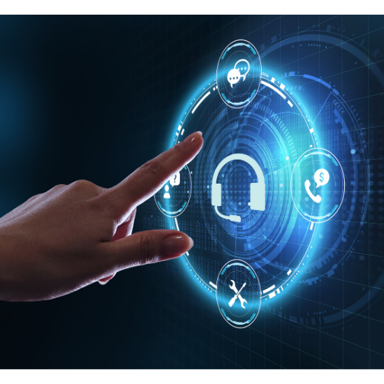 Customer support headphones in the middle of chat icon, tech support icon, phone call icon, and profile with question icon